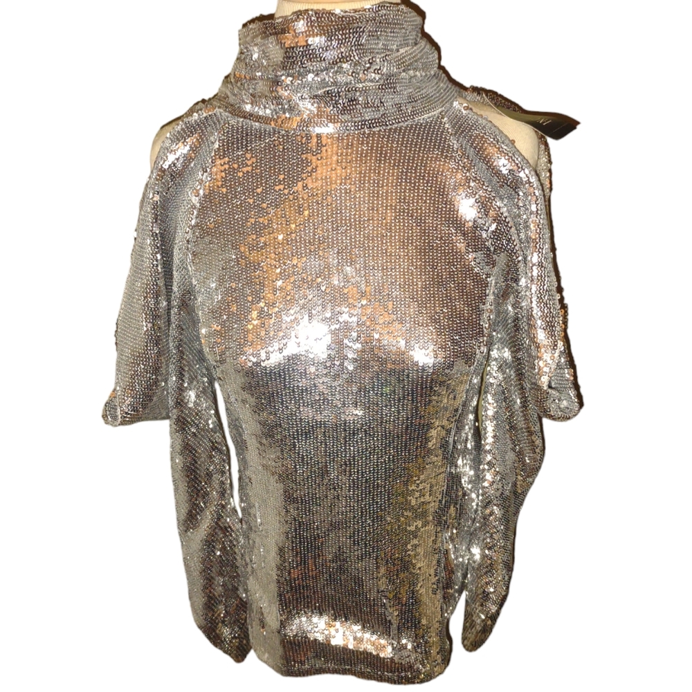 NWT INC International Concepts Silver Sequin Cold Shoulder top